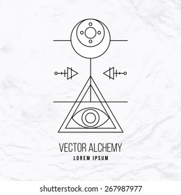 Vector geometric alchemy symbol with eye, sun, moon, shapes and abstract occult and mystic signs. Linear logo and spiritual design. Concept of imagination, magic, creativity, religion, astrology