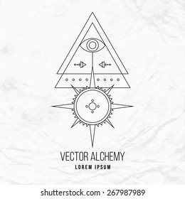 Vector geometric alchemy symbol with eye, sun, star, shapes and abstract occult and mystic signs. Linear logo and spiritual design. Concept of imagination, magic, creativity, religion, astrology