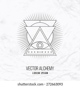 Vector geometric alchemy symbol with eye, sun, shapes and abstract occult and mystic signs. Linear logo and spiritual design. Concept of imagination, magic, creativity, religion, astrology, masonry