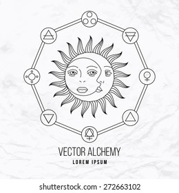 Vector geometric alchemy symbol with eye, sun, moon, shapes and abstract occult and mystic signs. Linear logo and spiritual design. Concept of imagination, magic, creativity, religion, astrology