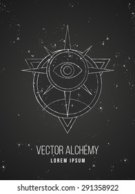 Vector geometric alchemy symbol with eye, sun, star, shapes and abstract occult and mystic signs. Linear logo and spiritual design. Concept of imagination, magic, creativity, religion, astrology