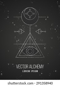 Vector geometric alchemy symbol with eye, moon, shapes and abstract occult and mystic signs. Linear logo and spiritual design. Concept of imagination, magic, creativity, religion, astrology