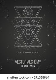 Vector geometric alchemy symbol with eye, moon, shapes and abstract occult and mystic signs. Linear logo and spiritual design. Concept of imagination, magic, creativity, religion, astrology, masonry