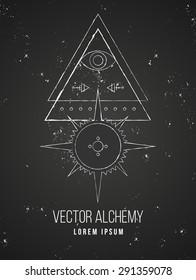 Vector geometric alchemy symbol with eye, sun, star, shapes and abstract occult and mystic signs. Linear logo and spiritual design. Concept of imagination, magic, creativity, religion, astrology