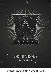 Vector geometric alchemy symbol with eye, sun, shapes and abstract occult and mystic signs. Linear logo and spiritual design. Concept of imagination, magic, creativity, religion, astrology, masonry