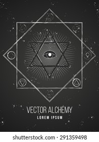 Vector geometric alchemy symbol with eye, sun, shapes and abstract occult and mystic signs. Linear logo and spiritual design Concept of masonry, magic, creativity, religion, astrology, horoscope