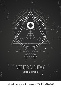 Vector geometric alchemy symbol with eye, sun, shapes and abstract occult and mystic signs. Linear logo and spiritual design. Concept of imagination, magic, creativity, religion, astrology, masonry