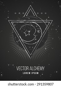 Vector geometric alchemy symbol with eye, moon, shapes. Abstract occult and mystic signs. Linear logo and spiritual design. Concept of imagination, magic, creativity, religion, astrology