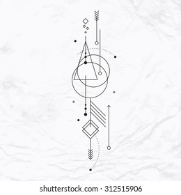 Vector geometric alchemy symbol with eye, sun, moon, shapes and abstract occult and mystic signs. Linear logo and spiritual design. Concept of imagination, magic, creativity, religion, astrology