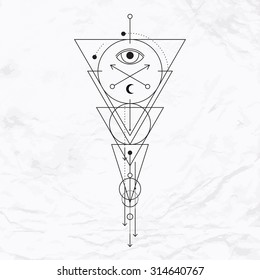 Vector geometric alchemy symbol with eye, moon, shapes. Abstract occult and mystic signs. Linear logo and spiritual design. Concept of imagination, magic, creativity, religion, astrology