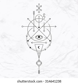 Vector geometric alchemy symbol with eye, moon, shapes. Abstract occult and mystic signs. Linear logo and spiritual design. Concept of imagination, magic, creativity, religion, astrology