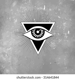 Vector geometric alchemy symbol with eye, moon, shapes. Abstract occult and mystic signs. Linear logo and spiritual design. Concept of imagination, magic, creativity, religion, astrology