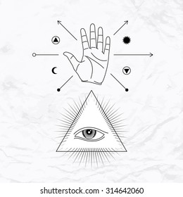 Vector geometric alchemy symbol with eye, pyramid, moon, sun, shapes and open hand. Abstract occult and mystic signs. Linear logo and spiritual design. Concept of palmistry, magic, astrology, mystery