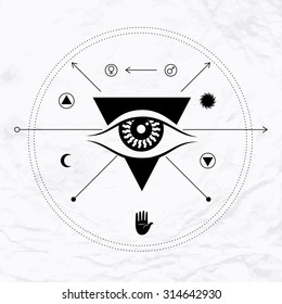 Vector geometric alchemy symbol with eye, sun, moon, crossing arrows, open hand, shapes, lines. Abstract occult and mystic signs. Linear logo and spiritual design. Concept of magic, astrology, tantra