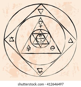 Vector geometric alchemy symbol with eye, moon, sun Abstract occult and mystic sign. Linear logo and spiritual design Illustration of sky sphere and outer space. Concept of magic, science, astrology