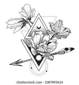 Vector geometric alchemy symbol with flowers, moon, sun triangle. Abstract composition with occult and mystic sign. Linear spiritual design. Concept illustration of magic, science, astrology, space