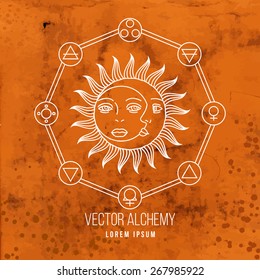 Vector geometric alchemy symbol with sun, moon, shapes and abstract occult and mystic signs. Linear logo and spiritual design. Concept of imagination, magic, creativity, astrology, man, woman, family