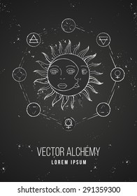 Vector geometric alchemy symbol with sun, moon, shapes and abstract occult and mystic signs. Linear logo and spiritual design on chalkboard. Concept of magic, creativity, astrology, man, woman, family