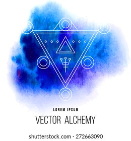 Vector geometric alchemy symbol with triangle shapes and abstract occult and mystic signs. Linear logo and spiritual design. Concept of imagination, magic, creativity, religion, astrology, masonry