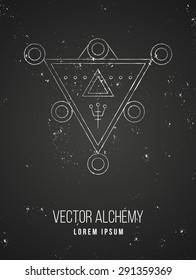 Vector geometric alchemy symbol with triangle shapes and abstract occult and mystic signs. Linear logo and spiritual design. Concept of imagination, magic, creativity, religion, astrology