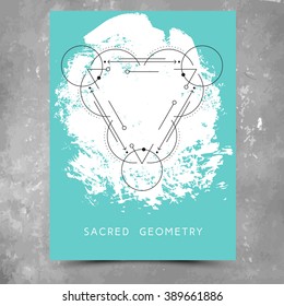 Vector geometric alchemy symbols with phrase on hand drawn background with splash of aqua blue paint. Abstract occult and mystic sign. Business card template and line hipster logotype. Concept of yoga