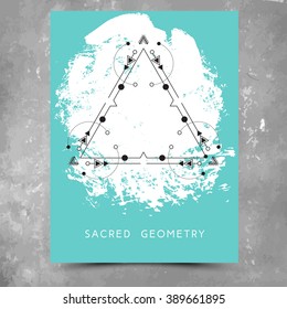 Vector geometric alchemy symbols with phrase on hand drawn background with splash of aqua blue paint. Abstract occult and mystic sign. Business card template and line hipster logotype. Concept of yoga