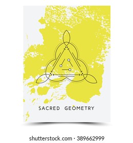 Vector geometric alchemy symbols with phrases on hand drawn background with splash of yellow paint. Abstract occult and mystic signs. Business card template and line hipster logotype. Concept of yoga.
