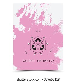Vector geometric alchemy symbols with phrases on hand drawn background with splash of pink paint. Abstract occult and mystic signs. Business card template and line hipster logotype. Concept of yoga.