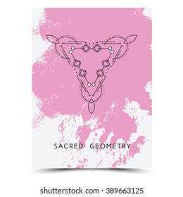 Vector geometric alchemy symbols with phrases on hand drawn background with splash of pink paint. Abstract occult and mystic signs. Business card template and line hipster logotype. Concept of yoga.