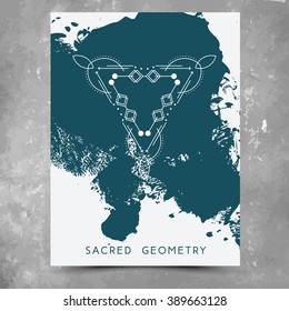 Vector geometric alchemy symbols with phrases on hand drawn background with splash of green paint. Abstract occult and mystic signs. Business card template and line hipster logotype. Concept of yoga.