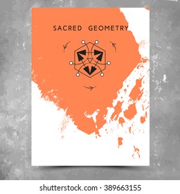 Vector geometric alchemy symbols with phrases on hand drawn background with splash of orange paint. Abstract occult and mystic signs. Business card template and line hipster logotype. Concept of yoga.