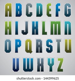 Vector geometric alphabet, bold and condensed font in retro poster style in gradient web buttons style. Uppercase set.  - Shutterstock ID 144399625