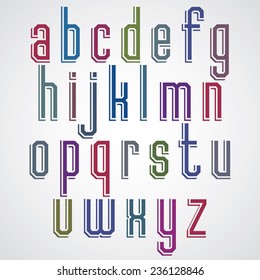 Vector geometric alphabet, condensed font in retro poster style. Lowercase set. No rounded corners, straight lines only, that is the concept. 
