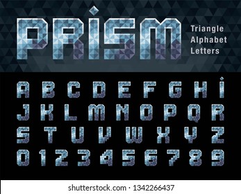 Vector of Geometric Alphabet Letters and numbers, Abstract Gray Prism Font triangle shape, Modern Pixel Letters set for Design, Technology, Hi-tech, digital