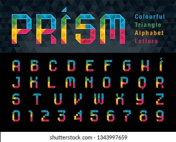 Vector of Geometric Alphabet Letters and numbers, Abstract Colorful Prism Font triangle shape, Modern Pixel Letters set for Design, Technology, Hi-tech, digital