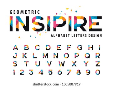 Vector of Geometric Alphabet Letters and numbers, Modern Colorful Triangle Letter, Fonts set for Celebrate, Party, Fashion. Festival, Entertainment, Happy new year, Sale Promotion, Fun Fair