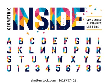 Vector of Geometric Alphabet Letters and numbers, Modern Colorful Triangle Letter, Condensed Fonts set for Celebrate, Party, Fashion. Festival, Entertainment, Happy new year, Sale Promotion, Fun Fair