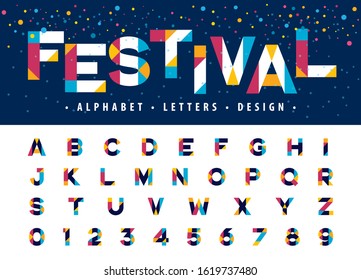 Vector of Geometric Alphabet Letters and numbers, Modern Colorful Triangle Letter, Fonts set for Celebrate, Party, Fashion, Festival, Entertainment, Circus, Fun Fair, Carnival, Fiesta.