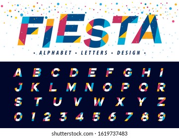 Vector of Geometric Alphabet Letters and numbers, Modern Colorful Triangle Letter, Fonts set for Celebrate, Party, Fashion, Festival, Entertainment, Circus, Fun Fair, Carnival, Fiesta.