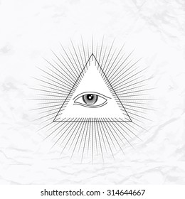 Vector geometric ancient alchemy symbol with eye, pyramid, shapes. Abstract occult and mystic signs. Linear logo and spiritual design. Concept of imagination, magic, creativity, religion, astrology