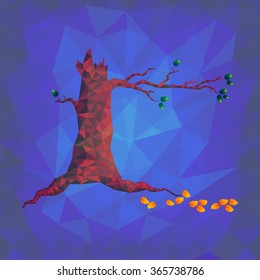 Vector geometric autumn tree., Abstract polygonal tree with falling leaves.