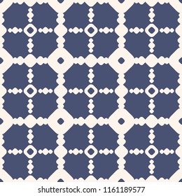 Vector geometric background with big tiles, circles, dots, square grid, lattice. Simple abstract monochrome seamless pattern. Navy blue and white texture. Design for decor, prints, textile, clothing