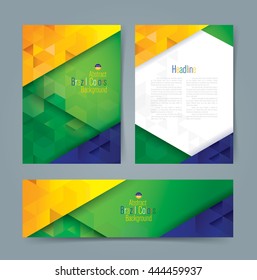 Fundo geométrico vetorial no conceito de bandeira do Brasil para modelo vetorial de design de folheto de relatório anual, apresentação de capa de folheto, layout em tamanho A4 e modelo de banner abstrato.