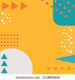 Vector geometric background of contrasting colors on a yellow field of geometric shapes circles, triangles, squares and dots.