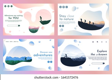 Vector geometric background. Discovering, exploring, observing nature. Hiking, trekking, climbing. Adventure tourism and travel. Landing page templates set with clipping mask. Fluid, liquid concept