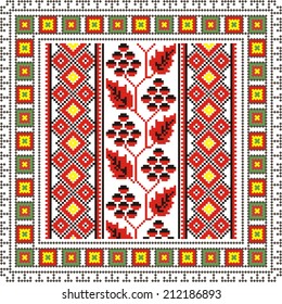 vector geometric background with elements of flowers and plants on the motives of Russian and Ukrainian folk art