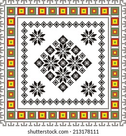 vector geometric background with elements of flowers and plants on the motives of Russian and Ukrainian folk art