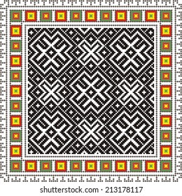 vector geometric background with elements of flowers and plants on the motives of Russian and Ukrainian folk art