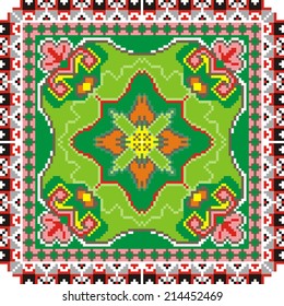 vector geometric background with elements of flowers and plants on the motives of Russian and Ukrainian folk art