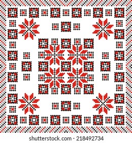 vector geometric background with elements of flowers and plants on the motives of Russian and Ukrainian folk art